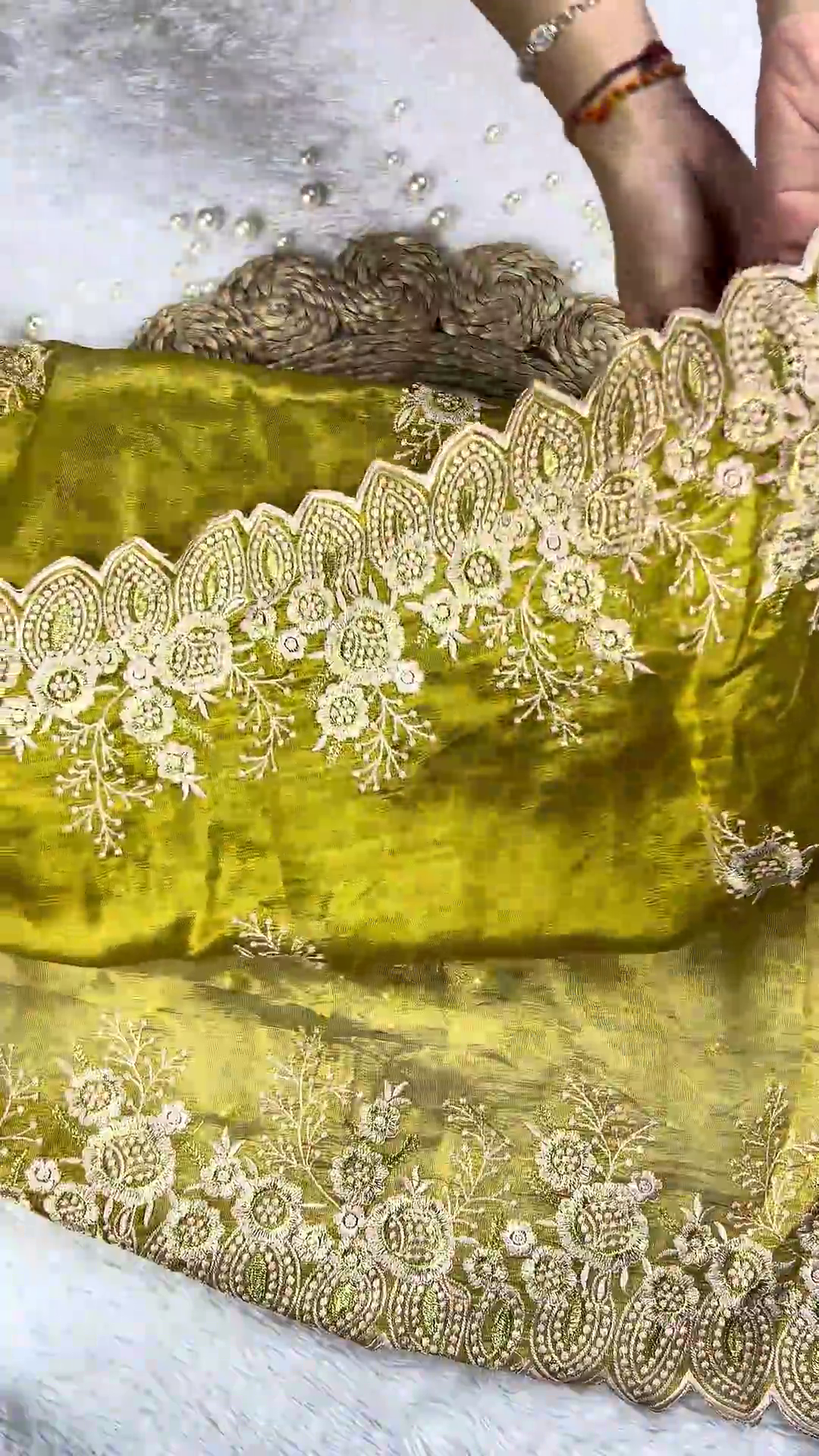 Regal Maroon Embroidered Blouse with Olive Green Scalloped Saree Set - Image 4