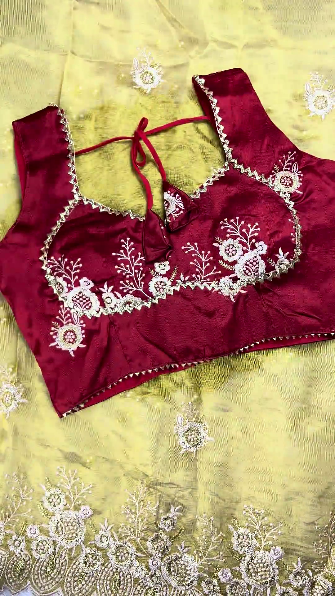 Regal Maroon Embroidered Blouse with Olive Green Scalloped Saree Set - Image 2