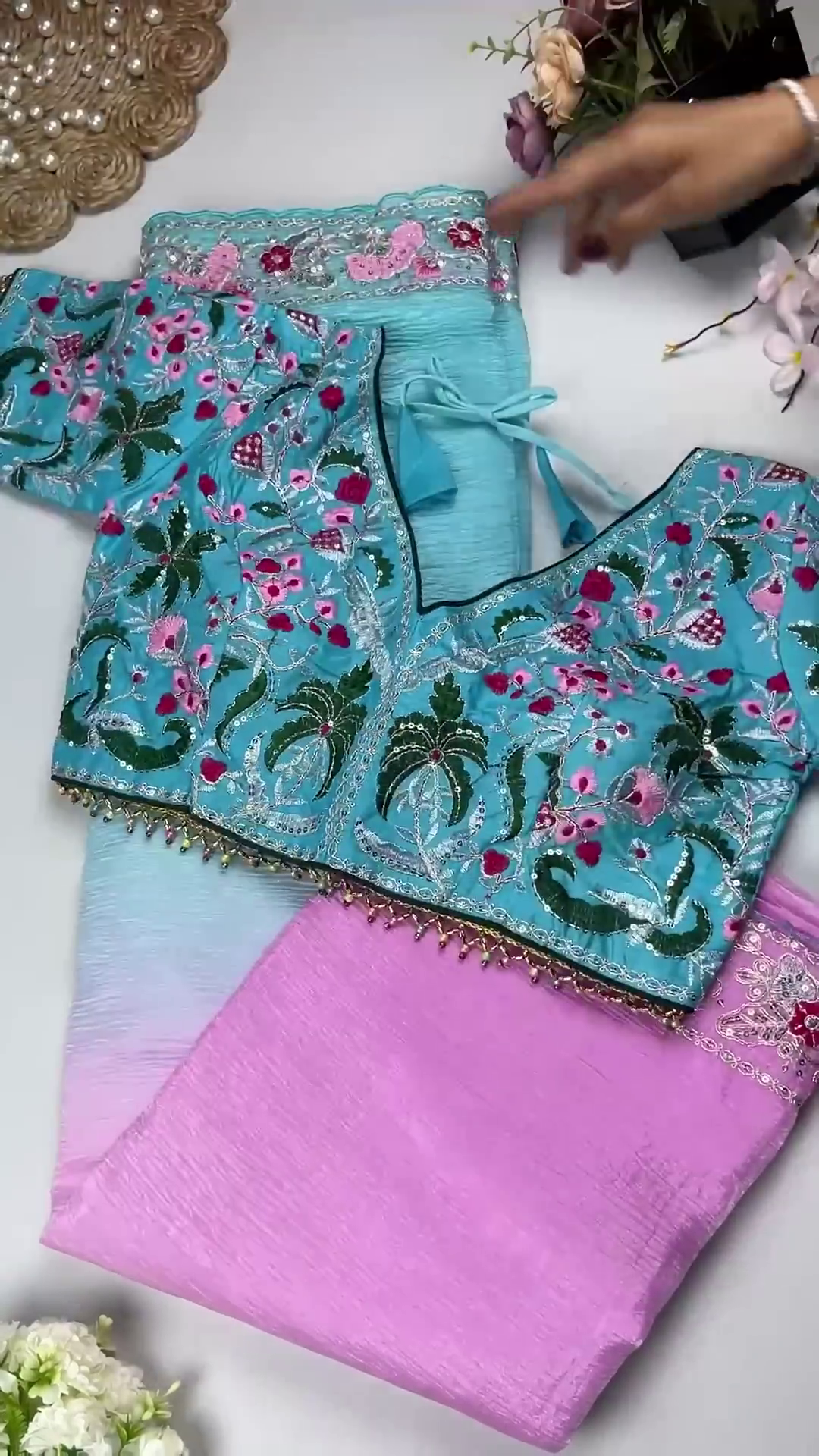 Azure Garden Embroidered Blouse with Ombre Lilac Saree Set