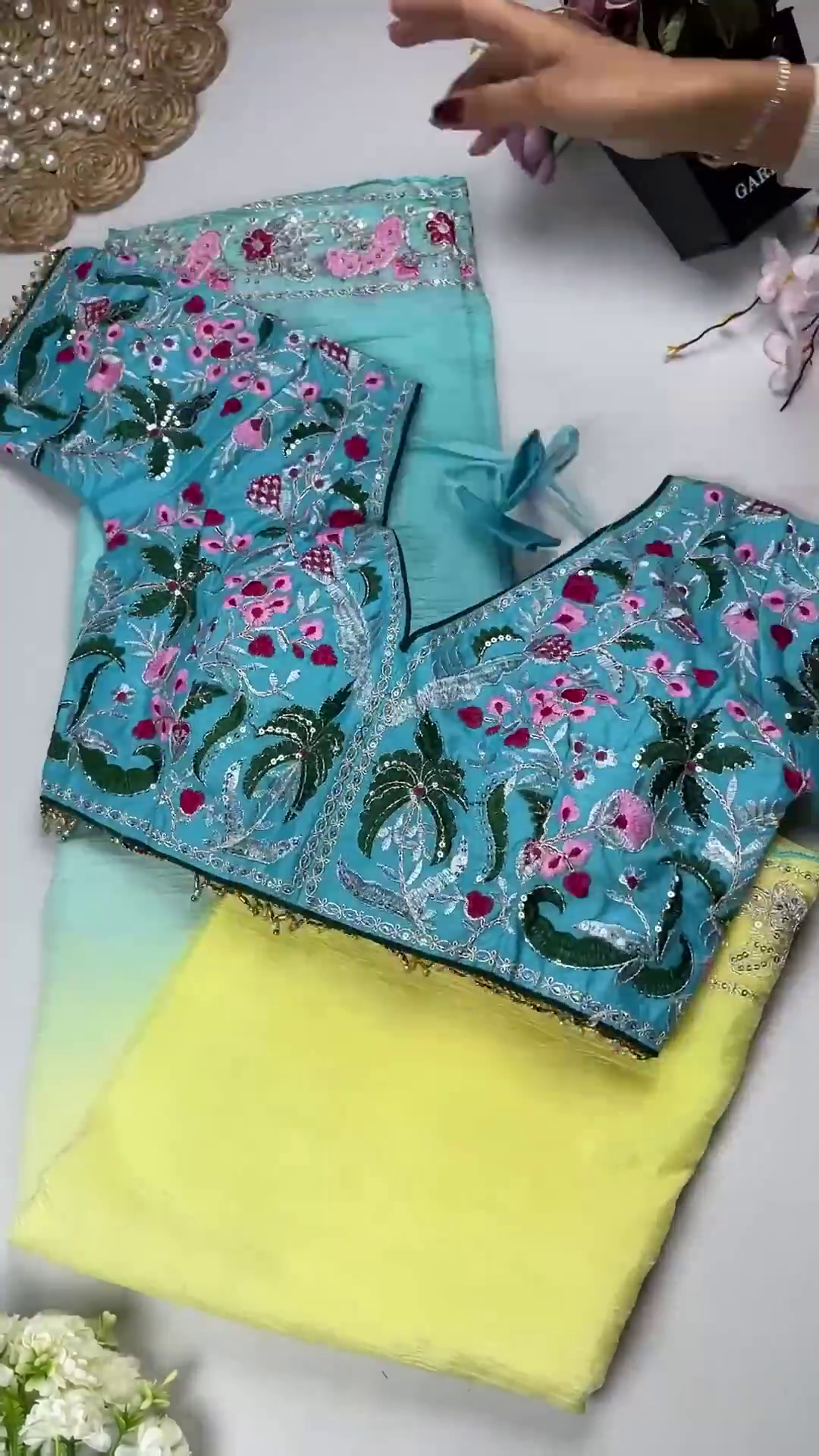 Azure Garden Embroidered Blouse with Ombre Lilac Saree Set - Image 3