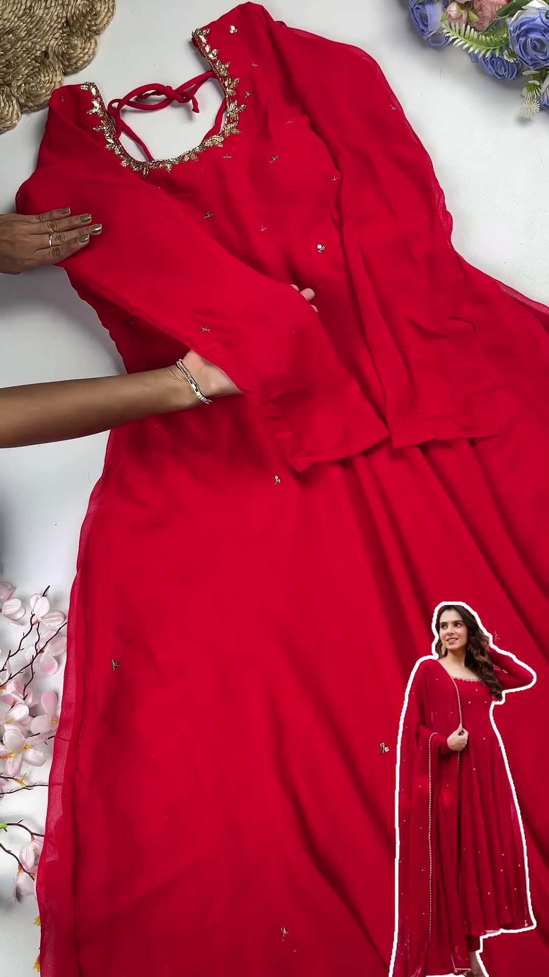 Classic Crimson Georgette Anarkali with Golden Vine Accents