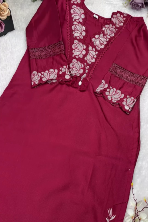 Royal Maroon Kurti with Rose Motif Embroidery