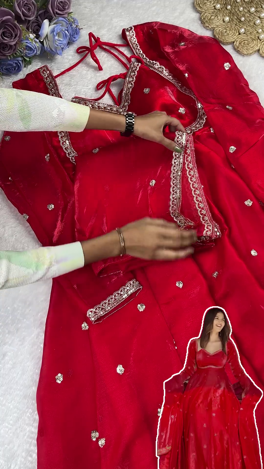 Radiant Crimson Red Anarkali with Scalloped Zari Artistry - Image 2