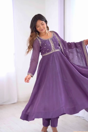 Regal Plum Embroidered Anarkali Set