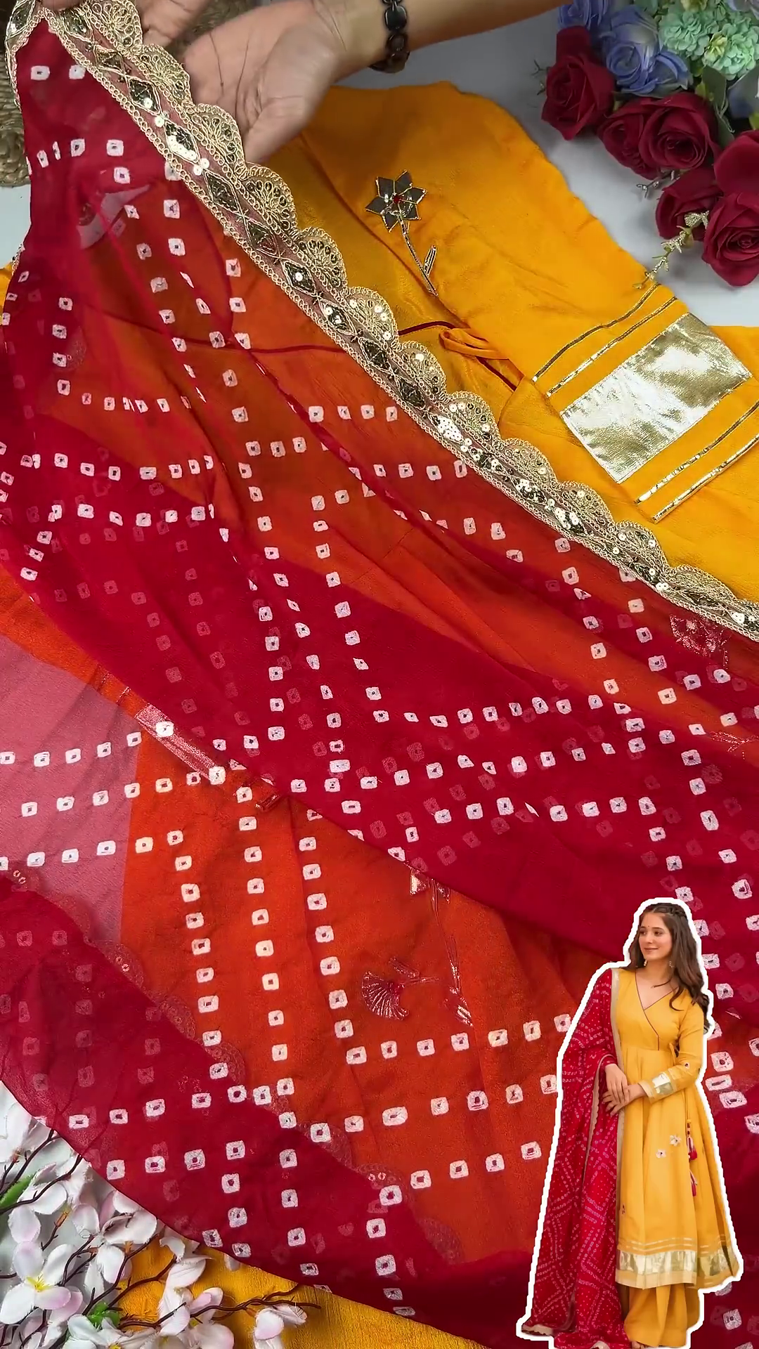 Sun-Kissed Mustard Anarkali with Angrakha Neckline and Bandhani Dupatta - Image 3