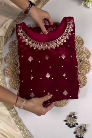 Regal Ruby Velvet Anarkali with Golden Floral Zari and Sequin Embroidery