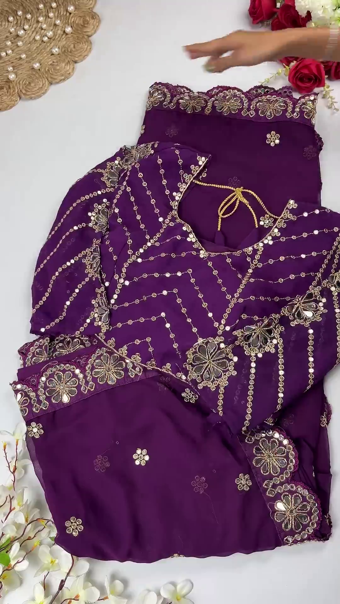 Georgette Saree Set with Hand-Embroidered Mirror-Work Floral Border - Image 6