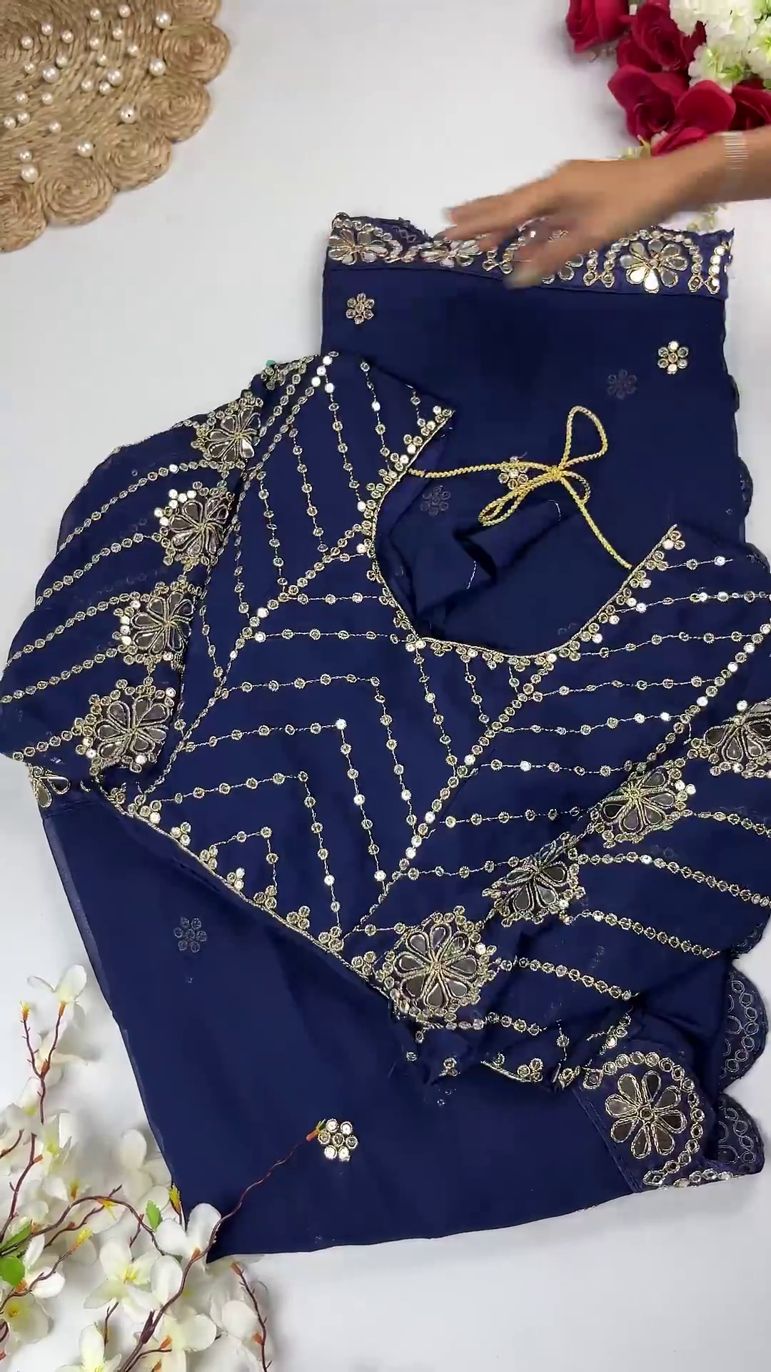 Georgette Saree Set with Hand-Embroidered Mirror-Work Floral Border - Image 4