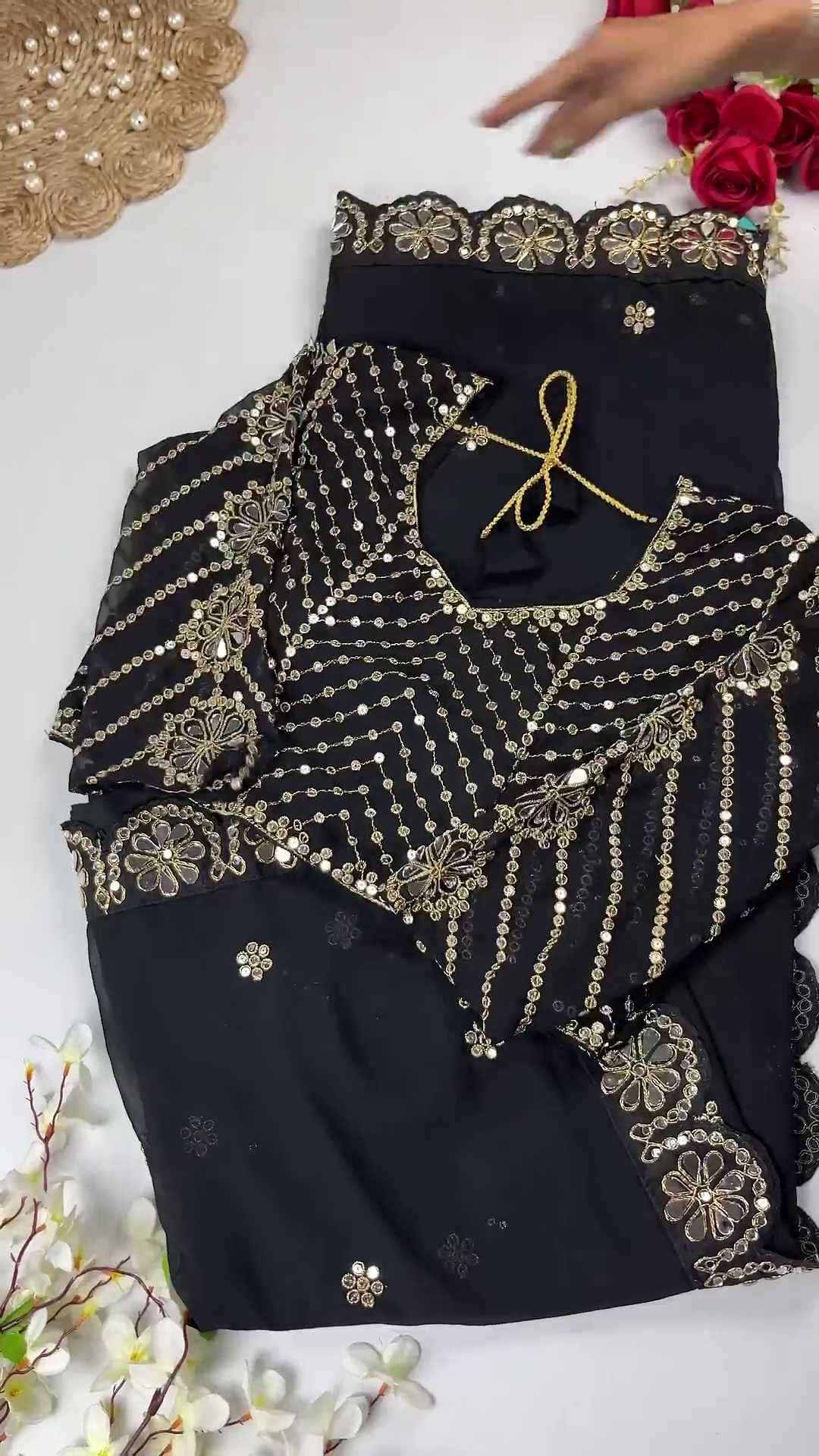 Georgette Saree Set with Hand-Embroidered Mirror-Work Floral Border - Image 3