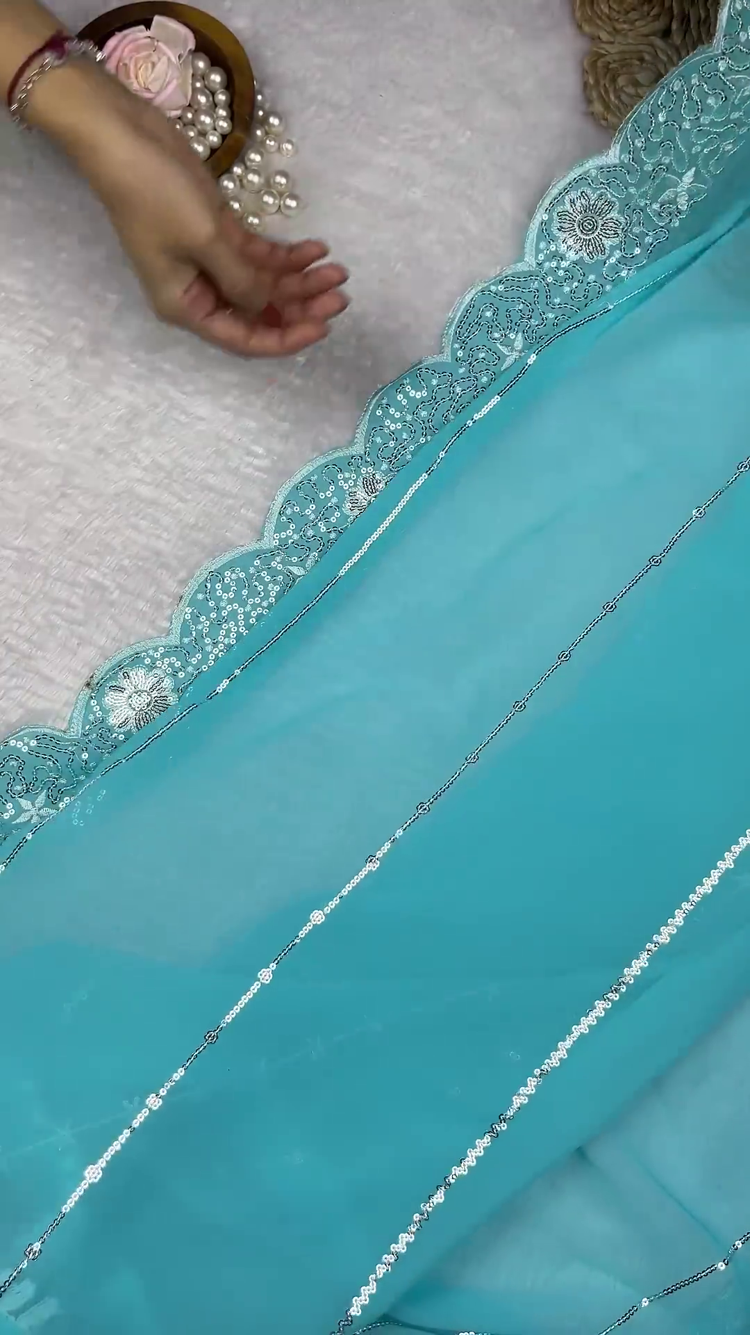 Turquoise Geometric Sequin Blouse with Diamond Lattice Embroidery - Image 5