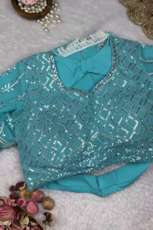 Turquoise Geometric Sequin Blouse with Diamond Lattice Embroidery