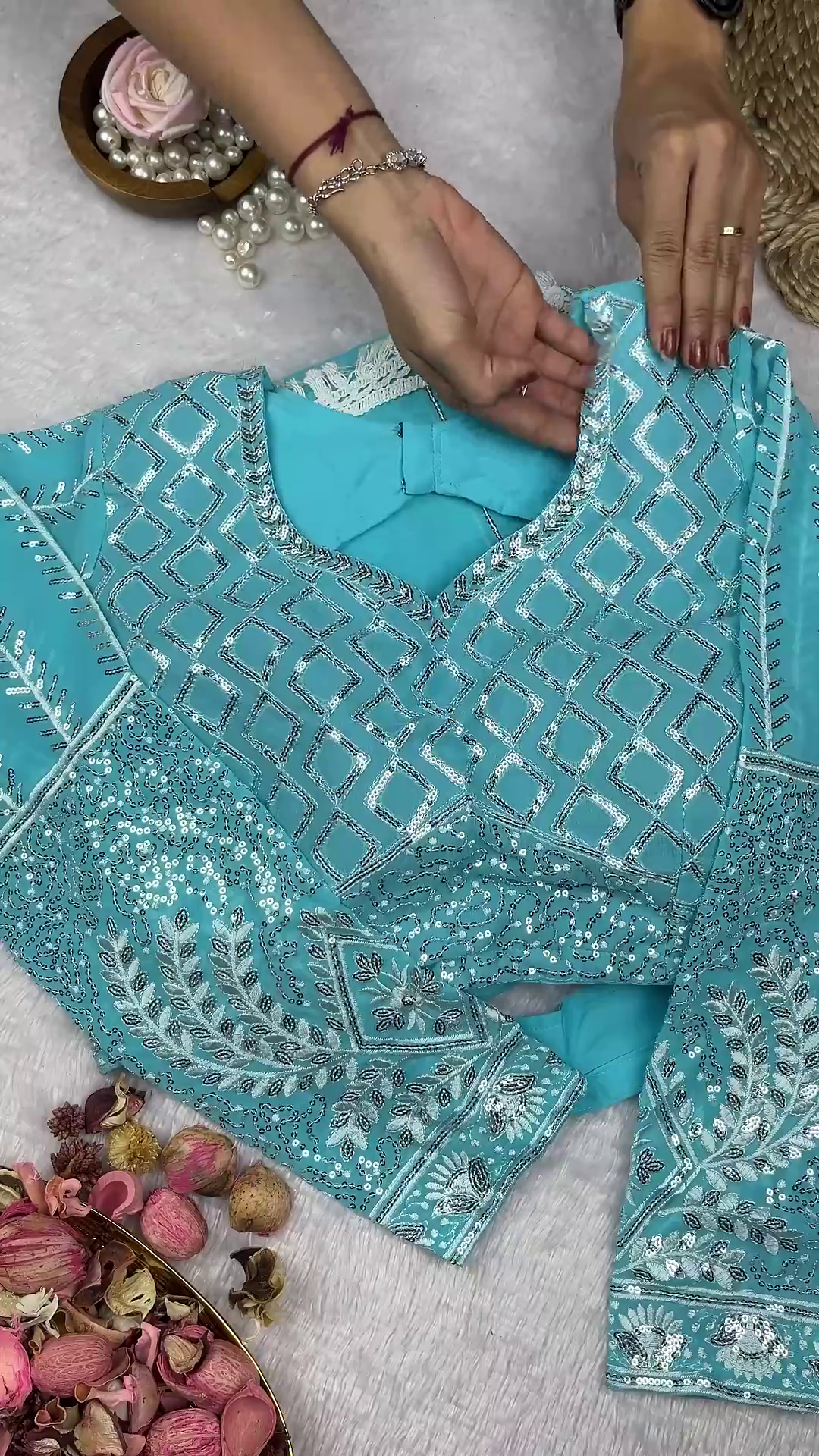 Turquoise Geometric Sequin Blouse with Diamond Lattice Embroidery - Image 3
