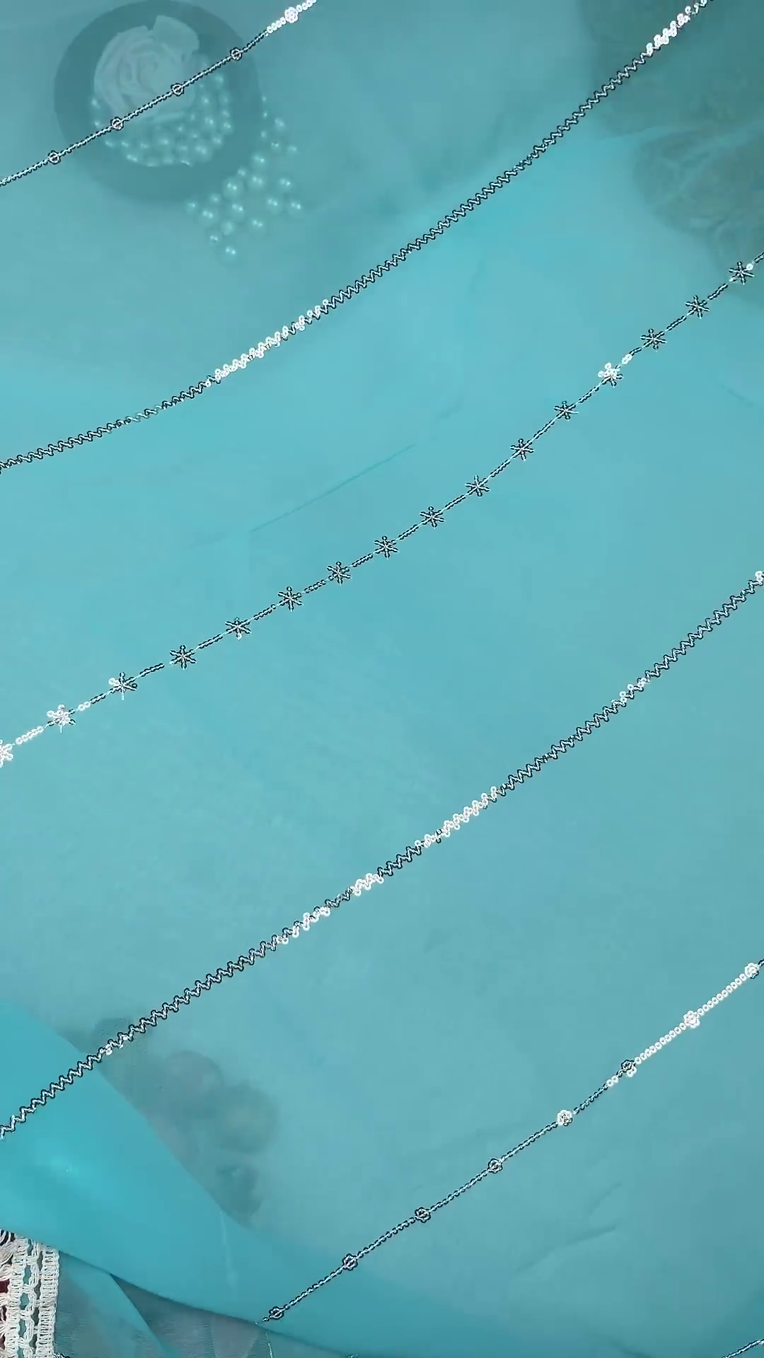 Turquoise Geometric Sequin Blouse with Diamond Lattice Embroidery - Image 2