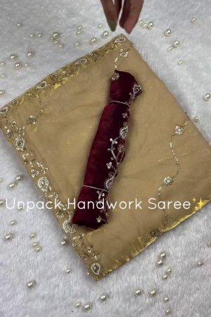 Champagne Gold Handwork Saree with Wine Velvet Border and Floral Zari