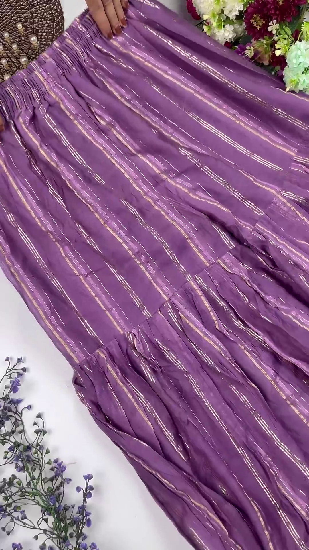 Jewel-Toned Gown with Lurex Stripes and Mirror-Work V-Neck - Image 3